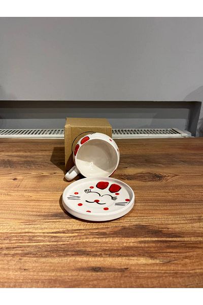ColorCraft Cat Patterned Ceramic Mug with Plate, Mug, Double Turkish Coffee Filter Coffee