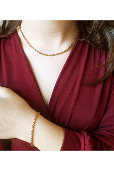 EsEsin 316l Paslanmaz Çelik Gold Burgu Halat Kararmaz Zincir Altın Model Şık Kadın Kolye Bileklik Seti