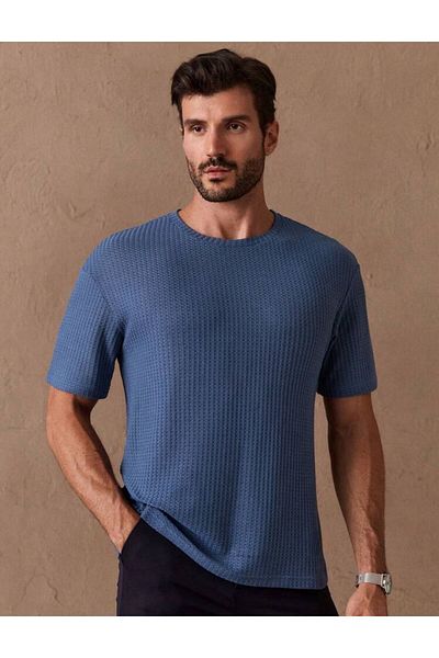 caddekombin Tricou cu mânecă scurtă Robert Waffle Fabric Crew Neck pentru bărbați