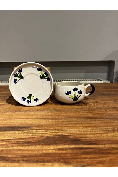 ColorCraft Blue Flower Patterned Ceramic Mug with Plate, Mug, Double Turkish Coffee Filter Coffee