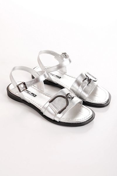 ÜNAL ÖZER Women's Lame Genuine Leather Buckle Detailed Ankle Strap Flat Daily Sandals Un001-0410