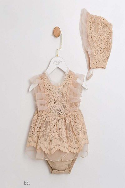 KIPIRIK BABY Baby Girl Beige Lace Ribbon Belted Accessory Lace Hat Jumpsuit Dress