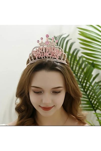 Store Pink Stone Birthday Crown with "Happy Birthday" Written-Rose