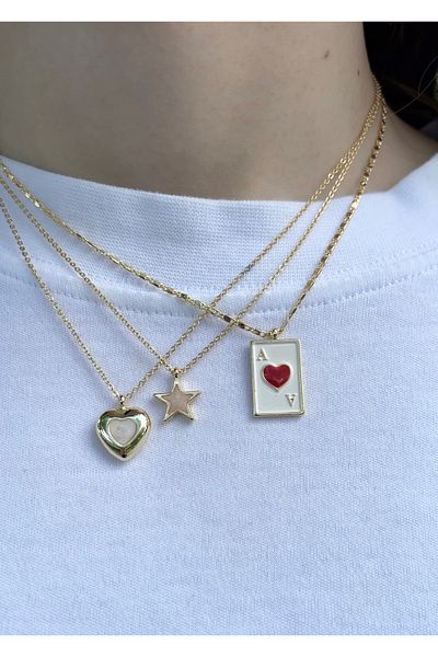 Eylülün Takısı Women's Gold Color 3 Pieces Trophy as Star Heart Necklace