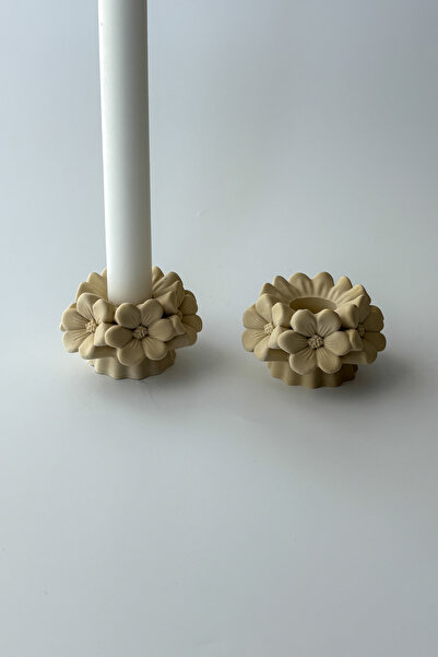 sin istanbul 2'li Çiçek Şamdan Mumluk Bej