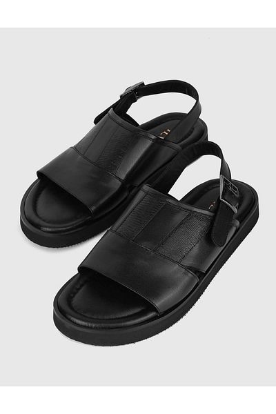 İLVİ Hexham Genuine Patterned Leather Black Men's Sandals