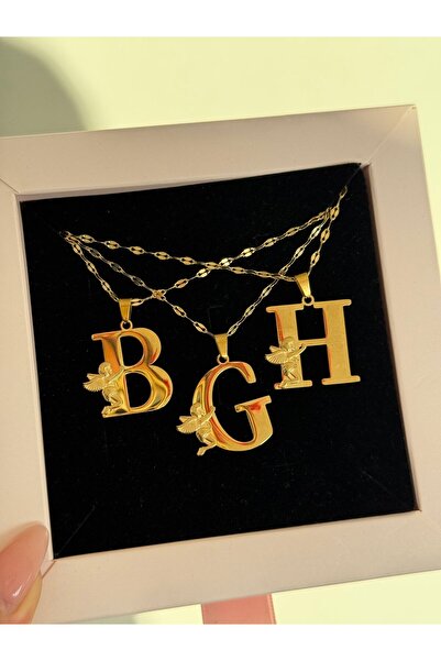 h&b design jewel Çelik Melek Detaylı H Harfli Kolye