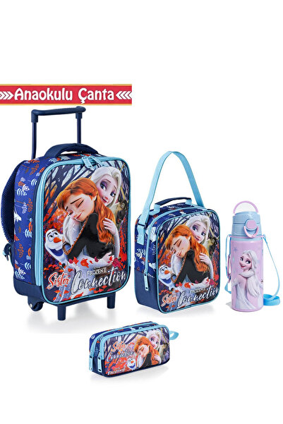 Frozen Lisanslı Premium Çekçekli Anaokulu Çantası + Beslenme Çantası + Kalemkutu + Metal Suluk