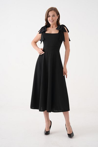 lovebox Stretchy Crepe Fabric Strapless Neckline Lacing Strap Detailed Flared Cut Midi Length Black Evening Dress 77127