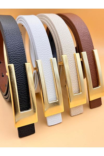 MODAM HİFA Set of 4 Gold Buckle Women's Thin Belt Trouser Belt Dress Belt Shirt Belt Coat Belt