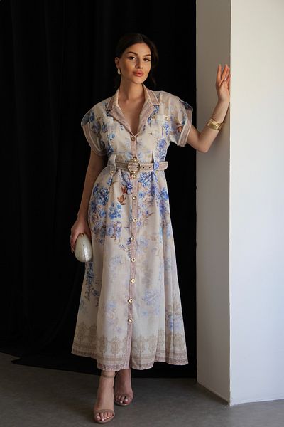 Julidress Shirt Collar Patterned Buttoned Metal Gold Belt Midi Length Premium Design Linen Dress