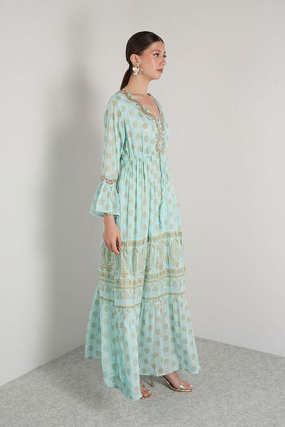 Maisa Viscose Maxi Dress Light Blue Gold Collar Lined Sequin Embroidered – 100% Cotton – Standard Size (36-44)