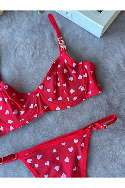 Nikitas Design Nikita's Design Kırmızı Ekru Kalp Desenli Sütyen Kilot Takım