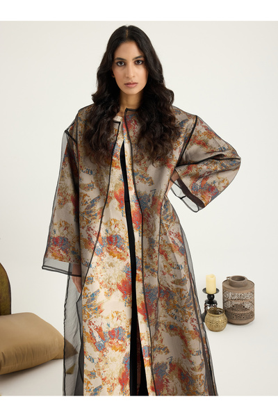 Store Wf Two-Piece Double Layer Orange Jaquarde Organza Abaya