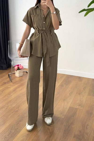 Suzi Linen Textured Suit with Gold Buttons 257207