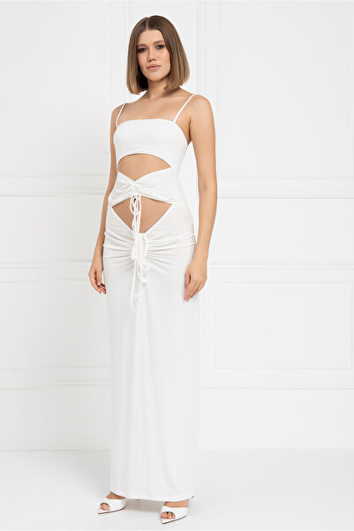 Kikiriki Off white Askılı Göbek Dekolteli Maxi Elbise