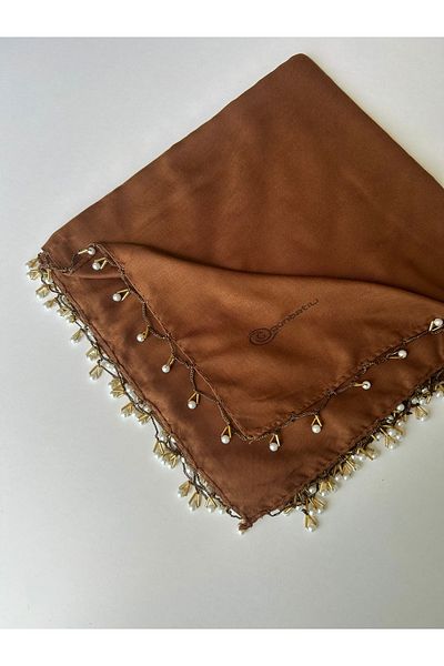 BENLİ Pearl Beaded Gold Hand Embroidered Scarf Writing 100x100cm