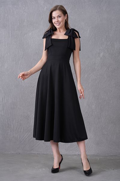 bayansepeti Black Stretchy Crepe Fabric Strapless Neck Tie-Up Strap Detail Midi Length Black Flared Dress 77127