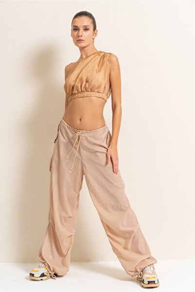 Kikiriki Beige Loose Cut Lace up Trousers