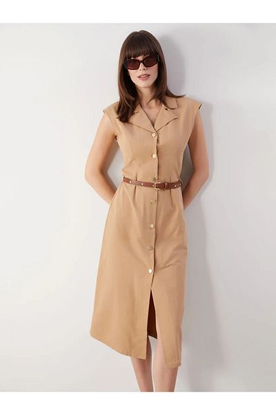 LC Waikiki Lcw Comfort Beige Belted Shirt Dress