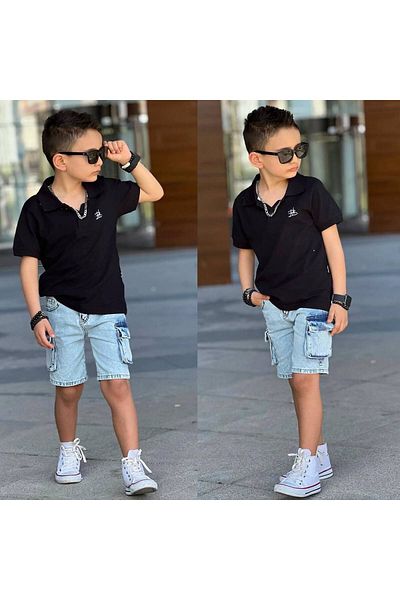 sinmm Boy's Polo Collar T-Shirt Denim Shorts 2-Pack Top-Bottom Suit Black Color