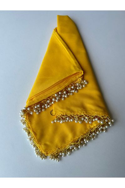 BENLİ Eșarfă Brodată de mână Auriu cu margele de perle Scriere 100x100cm