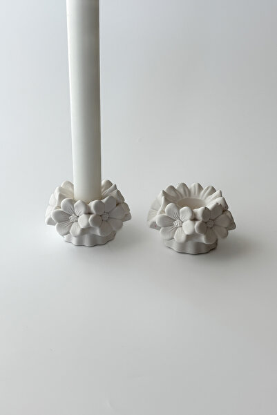 sin istanbul 2'li Çiçek Şamdan Mumluk Beyaz