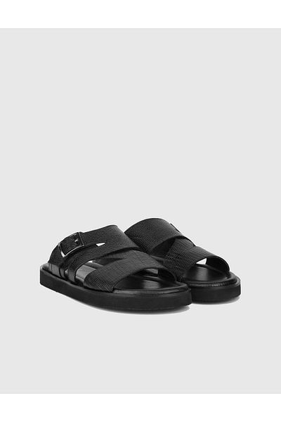 İLVİ Kandos Patterned Genuine Leather Black Men's Sandals