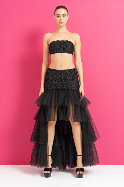 Kikiriki Black Strapless Sequin Bustier & Short Front Long Back Ruffle Skirt Set