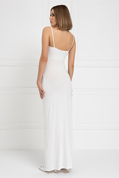 Kikiriki Off white Askılı Göbek Dekolteli Maxi Elbise