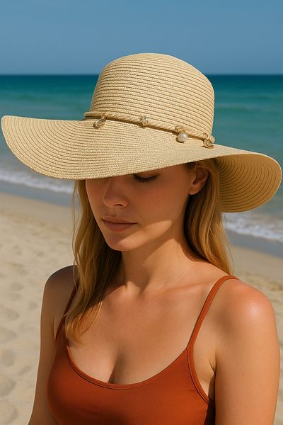 LAGRANZE Summer Elegant Straw Hat Women's Beach Hat with Pearl & Charm Detail