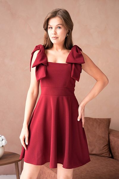 WOMAN VISION Burgundy Crepe Fabric Strapless Neckline Lacing Strap Detailed Flared Cut Short Burgundy Evening Dress 2030