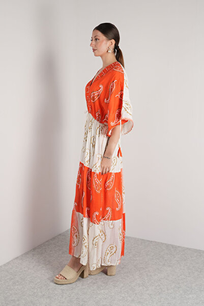 NAVAJO Maxi Elbise- Turuncu Beyaz Kare Astarlı – %100 Pamuk – Standart Beden (36-44)