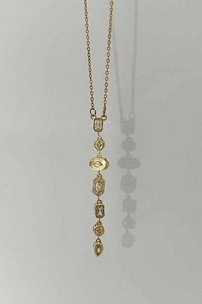 DELEIZA ACCESSORY Steel Gold Hanging Stone Detailed Y Necklace