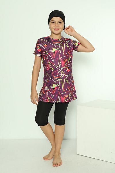 bazaar-turkey all you need Girl's Tights Short Sleeve Patterned Hijab Swimsuit 1904-12