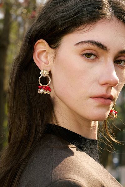 Glaren Bohemian Gold Color Women's Earrings with Seashell and Red Coral Detail