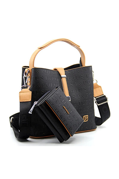 Just Polo حقيبة كتف ومحفظة نسائية باللون الأسود الجملي متوسطة الحجم مكونة من ...