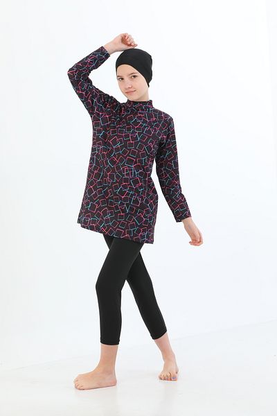 bazaar-turkey all you need Girls' Long Sleeve Square Patterned Hijab Swimsuit with Tights 1900-8