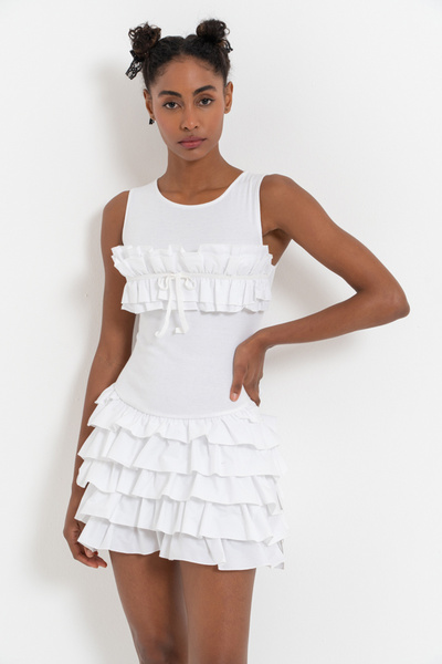 Kikiriki Off white Sırtı Çapraz Detaylı Fırfırlı Mini Elbise