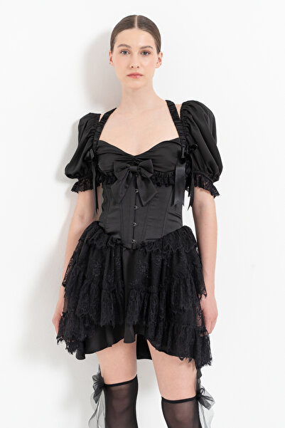 Kikiriki Siyah Korse Detaylı Saten Elbise