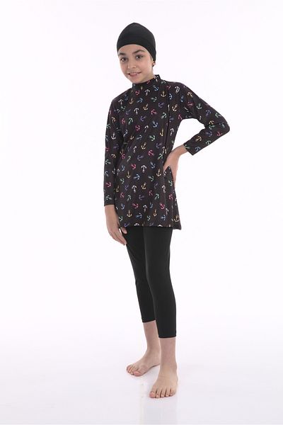 bazaar-turkey all you need Girl's Tights Long Sleeve Anchor Patterned Hijab Swimsuit 1900-2