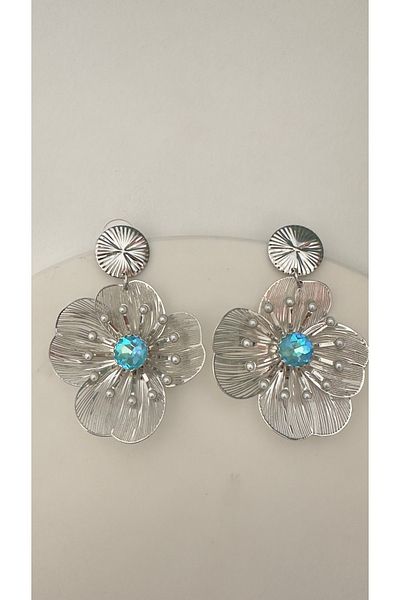 Takimakstore Floral Blue Zircon Stone Design Earrings Tarnish Free Stainless