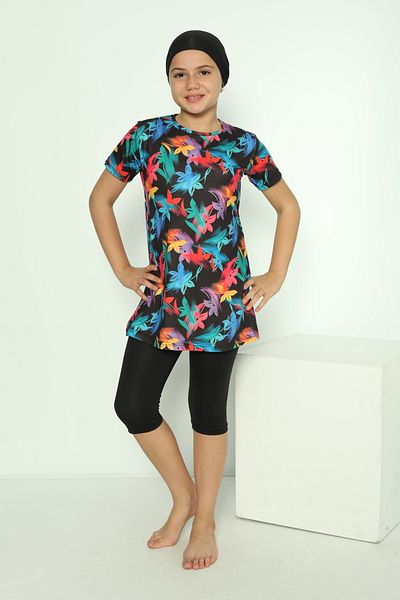 bazaar-turkey all you need Tights Short Sleeve Patterned Hijab Swimsuit