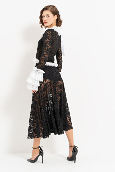 Kikiriki Black Elastic Waist Midi Lace Skirt