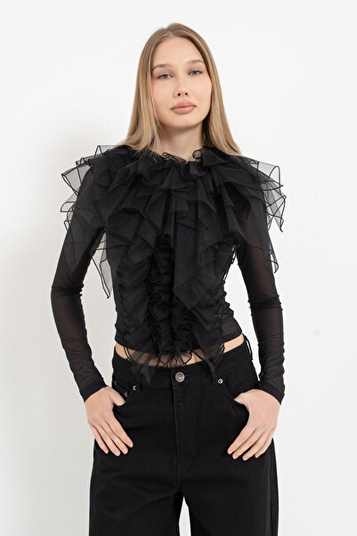 Kikiriki بلوزة تول سوداء طويلة الأكمام مع تفاصيل دولاب الموازنة