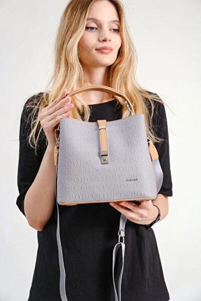 Just Polo Women's Gray Camel Medium Size 3 Compartment Shoulder Bag and Wallet Combination Mh4002Mh