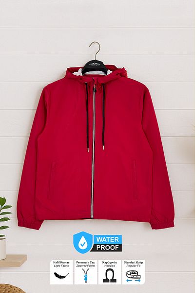 BESSA Men's Red Raincoat Seasonal Water Repellent Fabric Hooded Zipper Pocket Mesh Inner Design