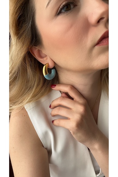 stainles steel C model gold mavi renkli çelik küpe