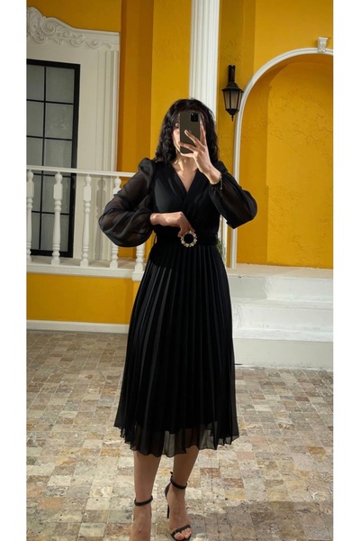 By Hanife Beyazateş KADIN KEMERLİ MİDİ BOY KRUVAZE ŞİFON ELBİSE