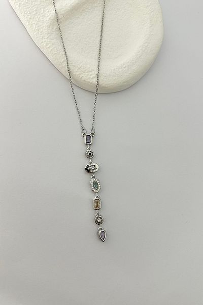 DELEIZA ACCESSORY Steel Silver Trendy Y Stone Small Necklace